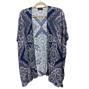 Artesia Boho Paisley Kimono Cardigan 100% Rayon Open Front Blue and Pink Tones